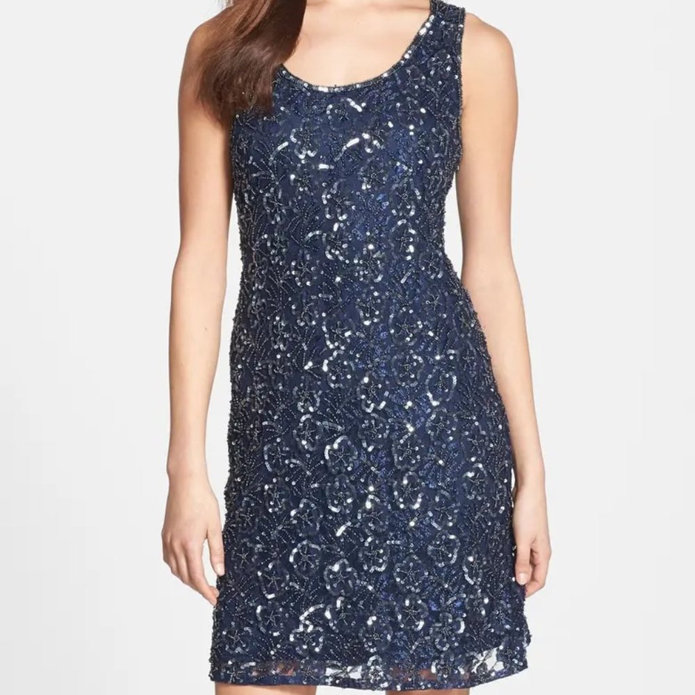 PISARRO NIGHTS New Dress Embellished Mesh A-Line Gown NWT Navy Women's 10